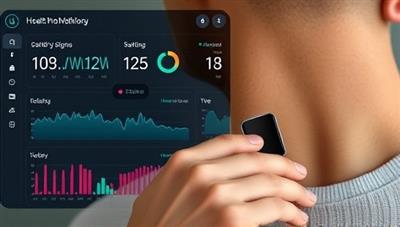 An individual wearing a sleek health monitoring wearable device, with a digital dashboard displaying vital signs and health trends in real-time, showcasing the convenience and advanced technology of the remote health monitoring service.