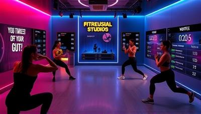 An immersive virtual fitness studio environment with digital trainers guiding users through interactive workout routines, surrounded by motivational quotes and progress trackers, embodying the dynamic and engaging nature of FitFusion Studio's online fitness classes.