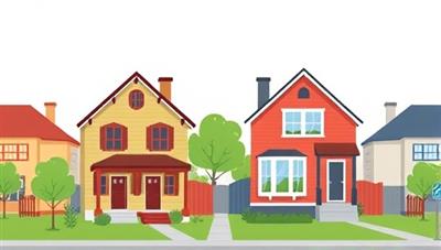 An illustration of two houses swapping places in a vibrant neighborhood setting, symbolizing the concept of property exchange and community collaboration facilitated by NeighborSwap.