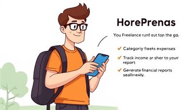 An animated graphic of a freelancer on the go, using the FreelanceFunds Tracker app on a smartphone to categorize expenses, track income, and generate financial reports seamlessly, depicting efficiency and organization in freelance finances.