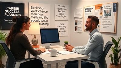 A professional virtual office space with a career coach guiding a client through a career planning session, surrounded by motivational quotes, career success stories, and a vision board, creating a focused and inspiring environment for career growth and development.
