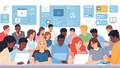 An illustration of a diverse group of students engaged in interactive online learning activities, with AI algorithms visibly optimizing content delivery for each individual, showcasing personalized education in action.