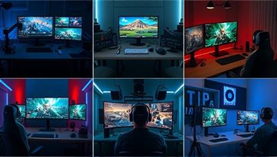 A dynamic montage of gaming content creation in action, featuring video editing stations, graphic design workstations, live streaming setups, and social media engagement, capturing the creativity and professionalism of PixelPro Productions' services.