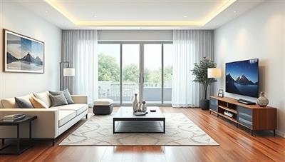An illustration of a modern living room with smart home devices seamlessly integrated, showcasing the convenience and luxury of a fully automated home environment.