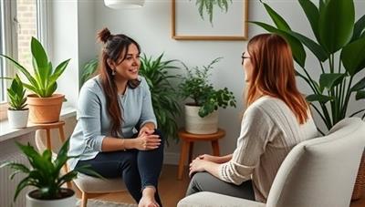 An image of a serene coaching session setting with a coach and a client engaged in a deep conversation, surrounded by plants and calming decor, reflecting a holistic approach to financial well-being.