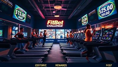 An energizing image showcasing participants engaged in a fitness challenge at FitBet Casino Challenge, with individuals running on treadmills, lifting weights, and doing yoga poses, while virtual casino credits and rewards flash on digital screens, blending the excitement of physical activity with gaming incentives in a dynamic and motivational setting.