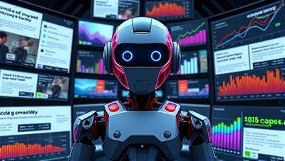 An AI-powered robot surrounded by digital screens displaying various ad copies, with colorful graphs showing increased engagement and conversion rates, illustrating the efficiency and effectiveness of AI-generated content.