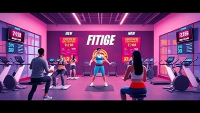 An energetic digital illustration showcasing a virtual fitness studio environment with avatars participating in a high-intensity workout class led by a fitness instructor, featuring workout equipment, motivational banners, and real-time fitness metrics, inspiring a sense of community and achievement in virtual fitness challenges.