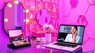 A vibrant and inviting virtual beauty consultation room with a mirror, makeup palettes, skincare products, and a laptop showing a beauty expert providing advice to a client, creating a personalized and interactive experience.
