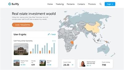 A dynamic digital interface displaying real estate investment options from around the world, with interactive graphs showing property performance metrics, user testimonials, and a secure transaction button, symbolizing transparency and accessibility in the investment marketplace.