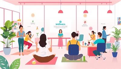 An illustration of a vibrant workplace setting with employees participating in a wellness program, including yoga sessions, healthy snacks, and mental health resources, showcasing a holistic approach to employee well-being and vitality.