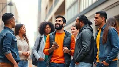 An artistic rendering of a virtual influencer interacting with a group of diverse individuals in a trendy urban setting, showcasing the futuristic and engaging nature of virtual influencer marketing.