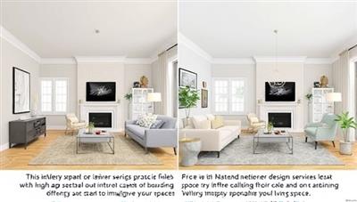 A digital room rendering showcasing a virtual design transformation with before-and-after visuals, color palette suggestions, and furniture placements, illustrating the impact of professional interior design services and inspiring clients to reimagine their living spaces.