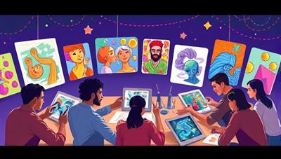 A vibrant digital illustration showcasing a diverse group of artists engaged in a virtual art jam session, with colorful artworks in progress, digital drawing tablets, and a collaborative and inspiring atmosphere, reflecting the creativity and connectivity of the online platform.