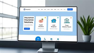 A modern, sleek website interface displaying different insurance options on a virtual screen, with icons representing health, life, property, and business insurance, conveying simplicity and expertise in insurance solutions.