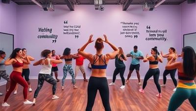 A vibrant virtual fitness studio environment with diverse participants engaging in a high-energy workout led by a virtual instructor, surrounded by motivational quotes and wellness resources, promoting a dynamic and inclusive fitness community.
