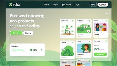 An artistic representation of a digital platform interface showcasing various eco-projects seeking funding, with interactive features for users to explore, donate, and track the progress of sustainability initiatives, conveying a sense of community, impact, and environmental stewardship.