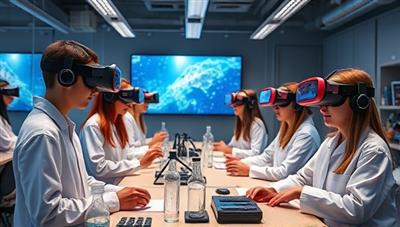 An immersive VR lab setting with students wearing VR headsets, conducting experiments and interacting with virtual equipment, showcasing a futuristic and engaging approach to science education.