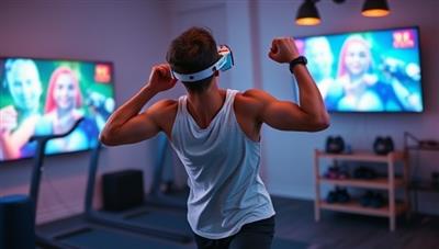 An individual engaging in a virtual gaming fitness session, blending physical exercise with interactive gameplay elements, showcasing the dynamic and energetic nature of FitQuest's subscription platform, with vibrant visuals and fitness challenges tailored for a fun and effective workout experience.