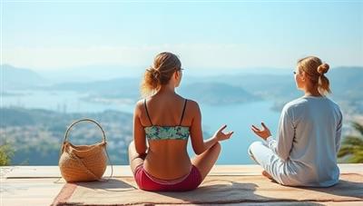 An image depicting a serene wellness coaching session with a travel backdrop, showcasing relaxation techniques, mindfulness practices, and a peaceful environment, illustrating the essence of holistic well-being on the WanderWell Journey platform.