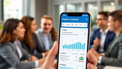 A smartphone screen displaying the Property Investment App interface, featuring interactive graphs, property listings, and investment insights, with a diverse group of investors discussing strategies and opportunities in the background.