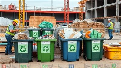 An image featuring a construction site with workers sorting and recycling various materials, alongside bins labeled for different waste categories, illustrating the eco-friendly practices of the business.