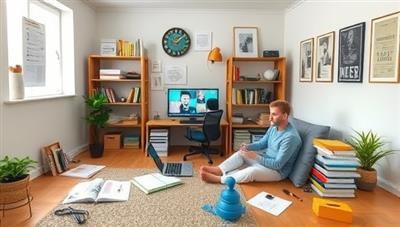 A virtual study room setting with a tutor and student engaging in a personalized online tutoring session, surrounded by relevant study materials and digital tools, showcasing the focused and supportive learning environment of ExpertConnect Tutors.