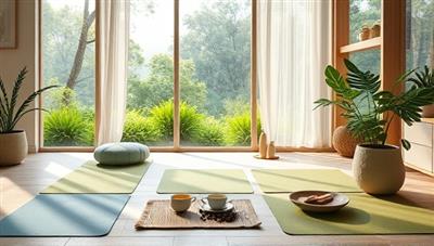 A serene virtual wellness retreat ambiance with yoga mats, herbal teas, meditation cushions, and soothing nature sounds, creating a calming and rejuvenating space for clients to embark on their wellness coaching journey, promoting holistic health and well-being.
