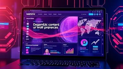 A futuristic digital interface displaying a website with dynamic content changing based on user preferences, illustrating the concept of personalized user experiences through AI technology.