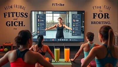 An energizing visual of a virtual fitness class with participants following a coach's workout routine on screen, surrounded by motivational fitness quotes, healthy smoothies, and workout equipment, creating a vibrant and supportive atmosphere within the FitTribe community.