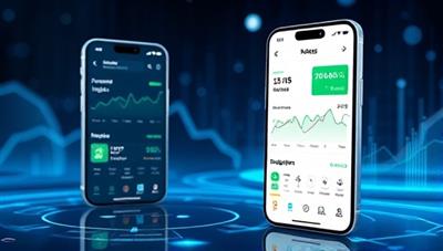 A futuristic digital visualization of the MoneyMind AI app interface displaying personalized financial insights, investment suggestions, and budgeting tools, showcasing the app's intelligent features and user-friendly design for seamless financial management.
