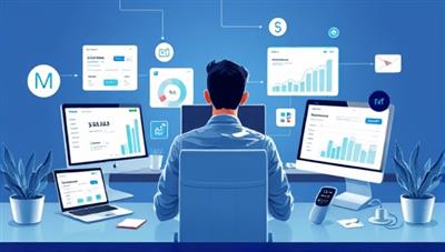 An engaging visual of a freelancer at a desk, surrounded by digital devices displaying financial management tools and charts, with a seamless workflow of invoicing, expense tracking, and retirement planning on the screen, illustrating the efficiency and convenience of using the Freelance FinTech Hub for financial management in the gig economy.
