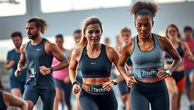 A dynamic and energetic fitness scene featuring athletes and fitness enthusiasts wearing FitTechWear apparel, using wearable fitness tech gadgets, and engaging in various workout activities, embodying performance, innovation, and style.