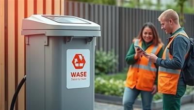 An image of a smart waste bin with sensors displaying fill levels and recycling indicators, accompanied by a waste management team using a mobile app to track collections and optimize routes, illustrating efficient and eco-friendly waste management practices.