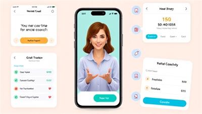 An engaging app interface showcasing a virtual financial coach providing advice to a user, surrounded by financial goal trackers, budgeting tools, and interactive coaching sessions, creating a supportive and empowering digital coaching experience.