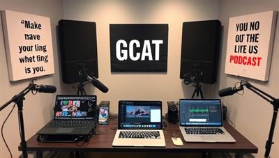 A creative workspace with microphones, soundproofing panels, and laptops showcasing podcast editing software, surrounded by inspirational quotes and podcasting equipment, creating a professional and creative podcasting environment.
