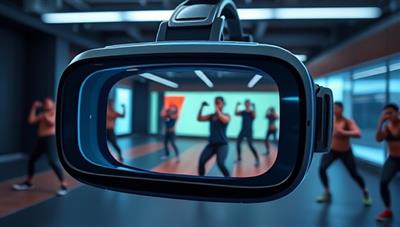 A futuristic VR headset displaying a virtual fitness class environment with users actively participating in a dynamic workout session, showcasing the immersive and engaging nature of the platform.