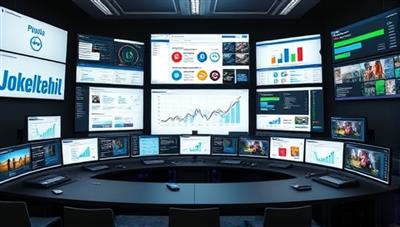 An artistic representation of a digital marketing control room with screens displaying real-time campaign data, social media analytics, and creative content, symbolizing strategic planning and digital marketing optimization in action.