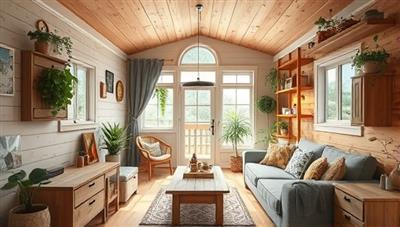 An artistic rendering of a cozy and stylish tiny home interior, featuring innovative space-saving furniture, sustainable design elements, and a harmonious blend of functionality and aesthetics, capturing the essence of modern small-space living and personalized design.
