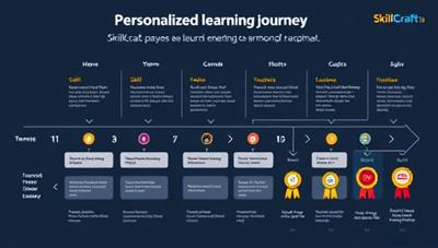 An infographic showcasing a personalized learning journey roadmap with different skill milestones, progress trackers, and achievement badges, highlighting the individualized approach of SkillCraft Pro.