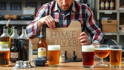 A home brewing enthusiast assembling a DIY brewing kit, surrounded by brewing ingredients, equipment, and a variety of beer glasses, capturing the essence of creativity and craftsmanship in homemade beer production.