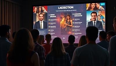 A group of people gathered around a large screen, interacting with a movie through a digital platform, with various decision points and choices displayed on the screen, capturing the engaging and interactive movie night experience.