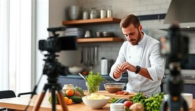 A professional chef hosting a virtual cooking class, demonstrating a culinary technique or recipe on camera, with a fully equipped kitchen backdrop, fresh ingredients, and cooking utensils, creating a vibrant and interactive cooking atmosphere.
