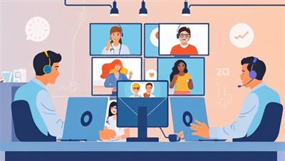 An illustrative representation of a remote tech support team collaborating virtually to troubleshoot technical issues, with a diverse group of technicians connecting through video calls, sharing screens, and providing solutions in a fast and efficient manner, showcasing the expertise and teamwork of TechRescue Remote.