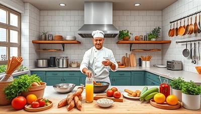 A vibrant virtual kitchen setting with a chef conducting a live cooking class, surrounded by fresh ingredients, cooking utensils, and culinary props, capturing the essence of a dynamic and interactive culinary experience, inspiring culinary creativity.