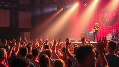 An electrifying concert scene showcasing local musicians performing on stage to a hyped crowd, capturing the essence of live music discovery and community support on TuneTown Local's platform.