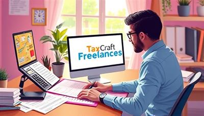 An artistic depiction of a freelancer working in a vibrant home office setting, surrounded by tax forms and calculators, with TaxCraft Freelance's logo displayed prominently on the computer screen, conveying support and optimization for freelancers in managing their taxes, evoking professionalism and relief.