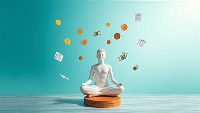 An artistic depiction of a serene meditation space with financial elements like coins, dollar bills, and budget trackers floating peacefully in the air, merging the concepts of mindfulness and money management in a harmonious and visually appealing way, evoking a sense of tranquility and balance.