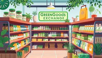 An inviting digital illustration featuring a vibrant marketplace scene with eco-friendly products displayed on virtual shelves, surrounded by greenery and sustainable packaging, conveying a sense of environmental consciousness and ethical shopping at GreenGoods Exchange.