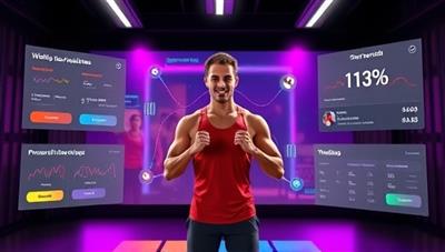 An energetic visual of a person working out in a virtual environment guided by an AI fitness coach, showcasing interactive workout routines, progress tracking metrics, and motivational prompts, illustrating the dynamic and personalized fitness experience of the platform.